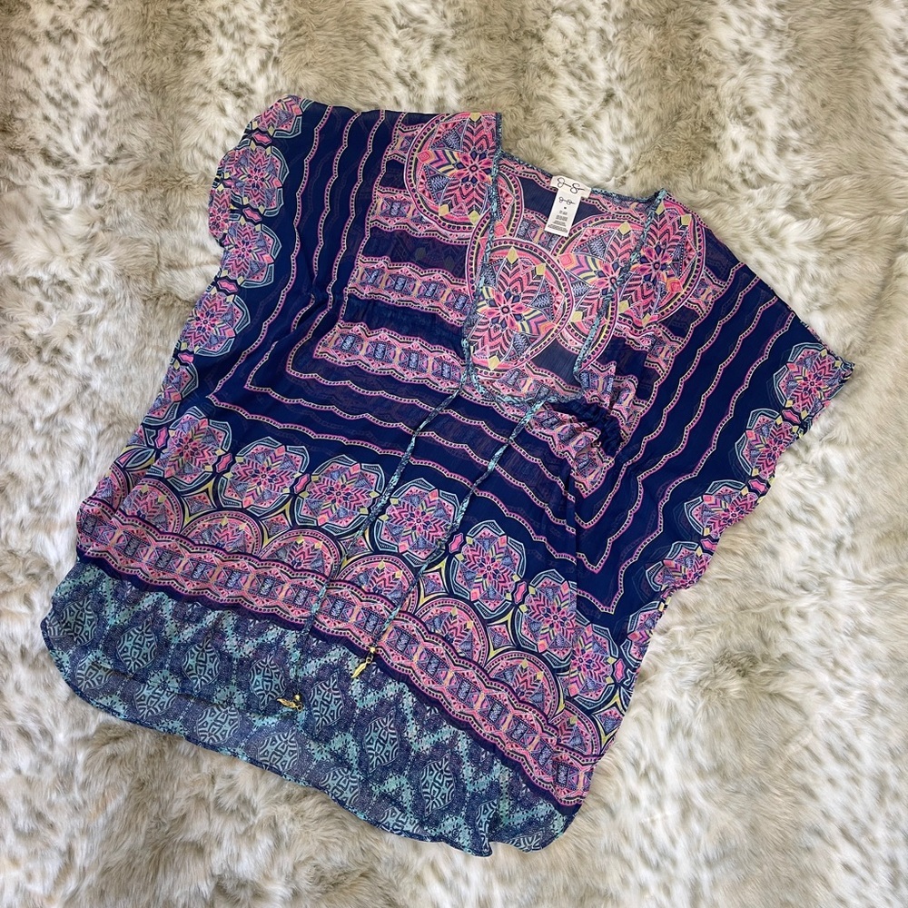 Jessica Simpson Blue and Pink Graphic Short Sleeve Swim Coverup - Picture 3 of 4